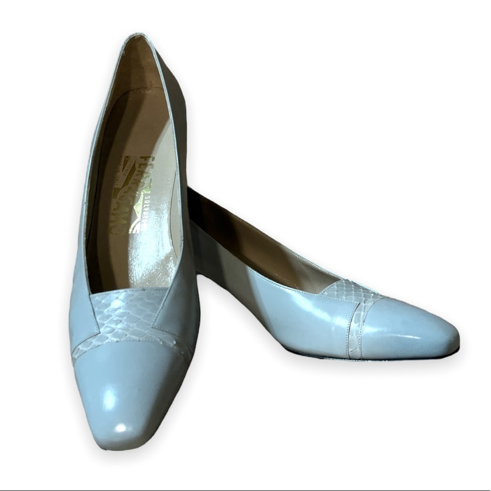 Salvatore Ferragamo Pump‎ Block Heel Retro Gray Snakeskin Square Toe Cap Shoes